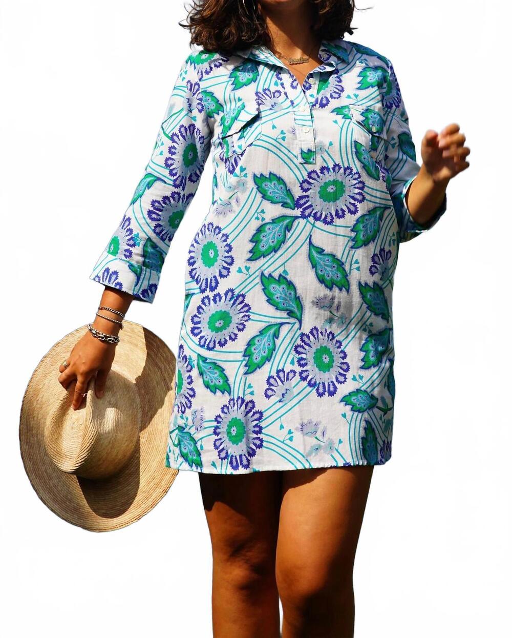 NEW LA PLAGE la jolla mini dress in funky floral, white/peri/green